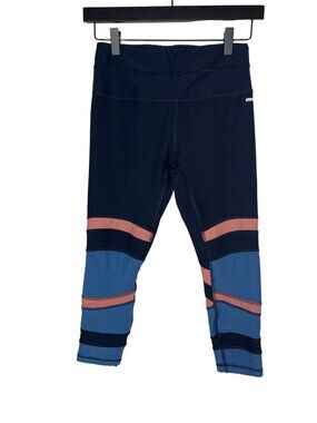RBX Womens Small Crop Leggings Navy Blue Coral Stripe Yoga Running Activewear